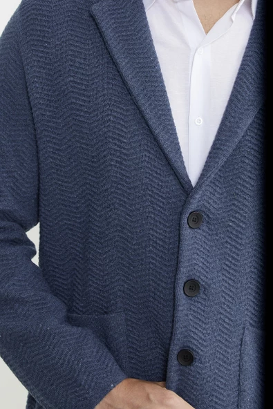 Üç Düğmeli Yünlü Triko Ceket - Indigo - 4