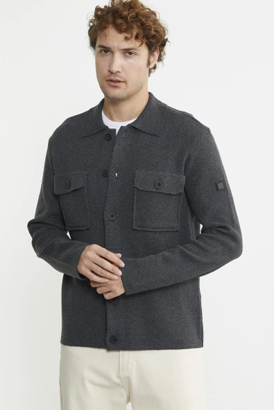 Polo Yaka Düğmeli Yünlü Triko Hırka - Antrasit - 3