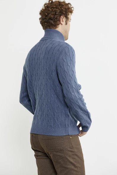 Tam Balıkçı Saç Örgü Triko Kazak - Indigo - 6