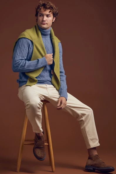 Tam Balıkçı Saç Örgü Triko Kazak - Indigo - 2