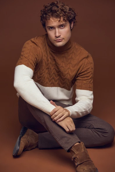 Çift Renk Tam Balıkçı Triko Kazak - Kemik ürün görseli 1