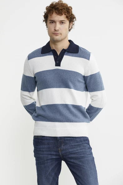 Çizgili Polo Yaka Yünlü Triko Kazak - Mavi