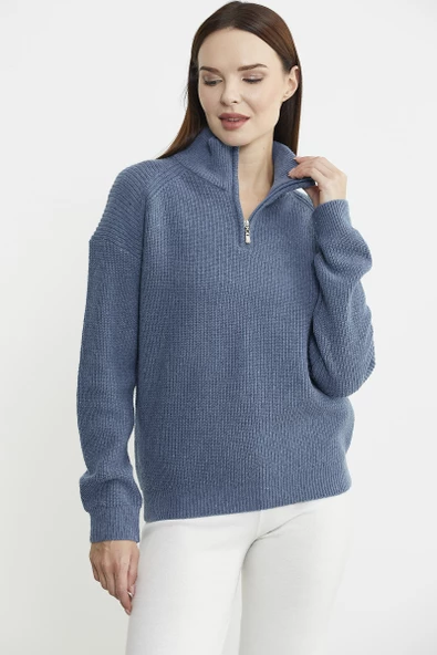 Yarım Balıkçı Yaka  Fermuarlı Yün Triko Kazak - Koyu Mavi - Resim 3