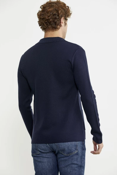 Kruvaze Düğmeli Yünlü Triko Ceket - Lacivert - 5