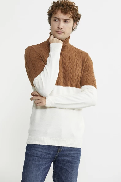 Çift Renk Tam Balıkçı Triko Kazak - Kemik - Resim 4