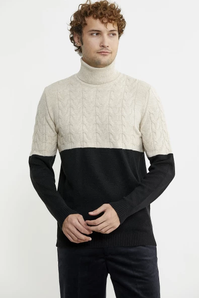 Çift Renk Tam Balıkçı Triko Kazak - Siyah - Resim 2