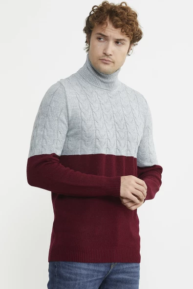 Çift Renk Tam Balıkçı Triko Kazak - Bordo - Resim 5