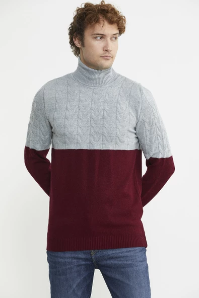 Çift Renk Tam Balıkçı Triko Kazak - Bordo - Resim 4