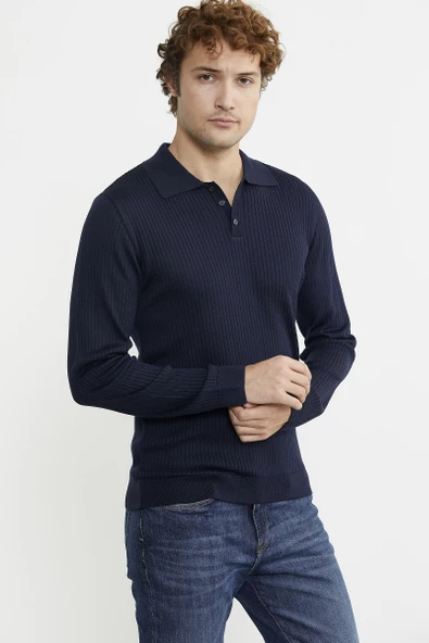 Polo Yaka Fitilli Triko Kazak - Lacivert - 4