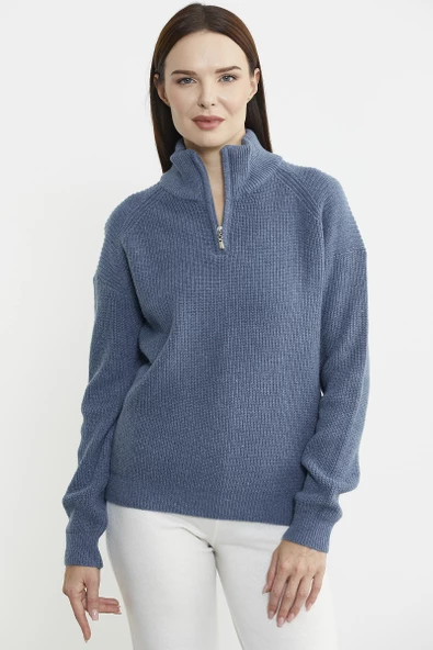 Yarım Balıkçı Yaka  Fermuarlı Yün Triko Kazak - Koyu Mavi ürün görseli