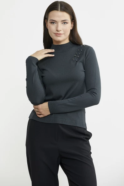 Omuz Aksesuarlı Triko Kazak - Antrasit - Resim 4