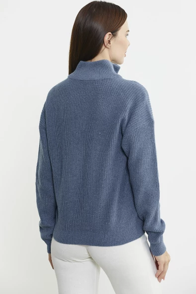 Yarım Balıkçı Yaka  Fermuarlı Yün Triko Kazak - Koyu Mavi - Resim 5