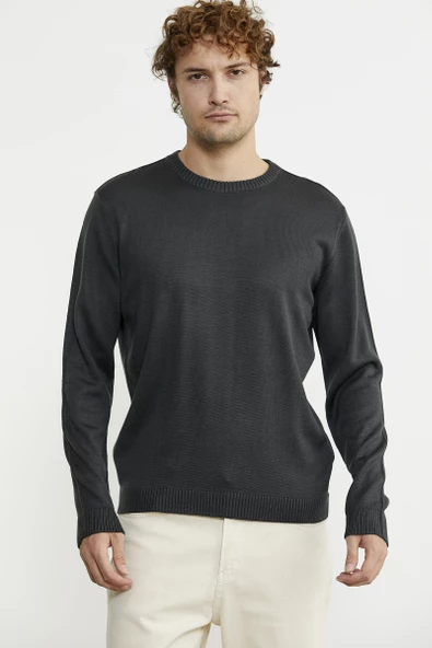 Sıfır Yaka Basic Triko Kazak - Antrasit ürün görseli 1