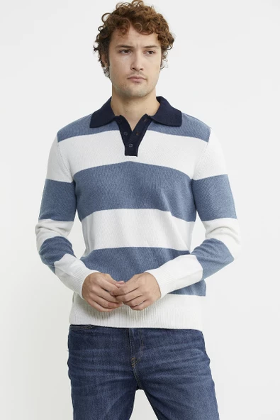 Çizgili Polo Yaka Yünlü Triko Kazak - Mavi - 3