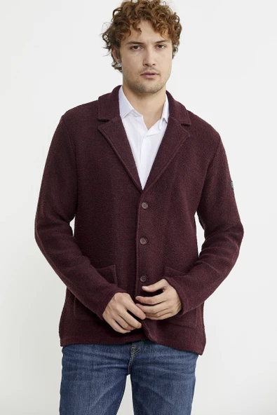 Yünlü Üç Düğme Triko Ceket - Bordo - 2