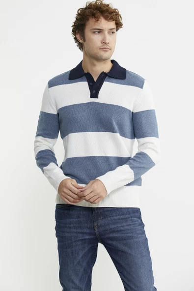 Çizgili Polo Yaka Yünlü Triko Kazak - Mavi - 2