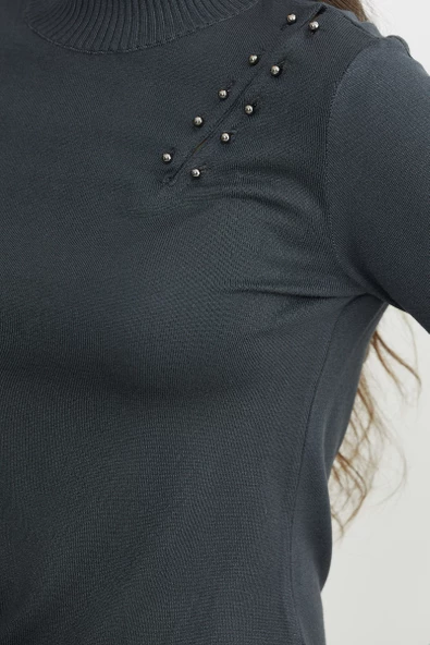 Omuz Aksesuarlı Triko Kazak - Antrasit - Resim 5