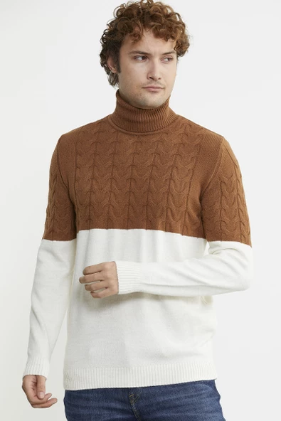 Çift Renk Tam Balıkçı Triko Kazak - Kemik - Resim 3