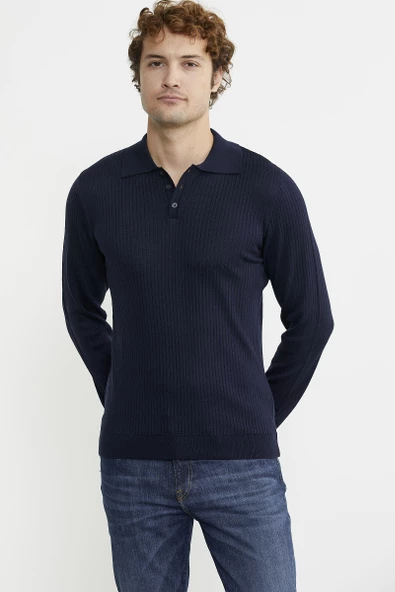 Polo Yaka Fitilli Triko Kazak - Lacivert - 3