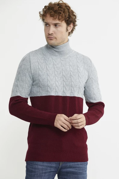 Çift Renk Tam Balıkçı Triko Kazak - Bordo - Resim 3