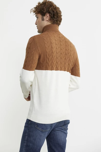 Çift Renk Tam Balıkçı Triko Kazak - Kemik - Resim 5