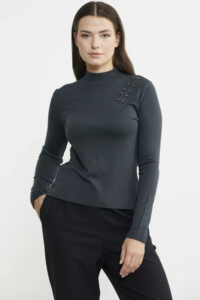 Omuz Aksesuarlı Triko Kazak - Antrasit - Resim 2