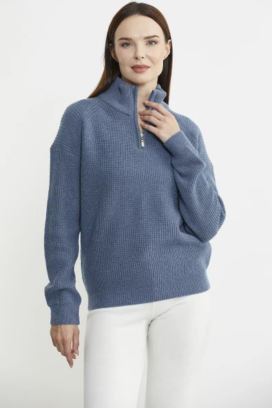 Yarım Balıkçı Yaka  Fermuarlı Yün Triko Kazak - Koyu Mavi - Resim 2