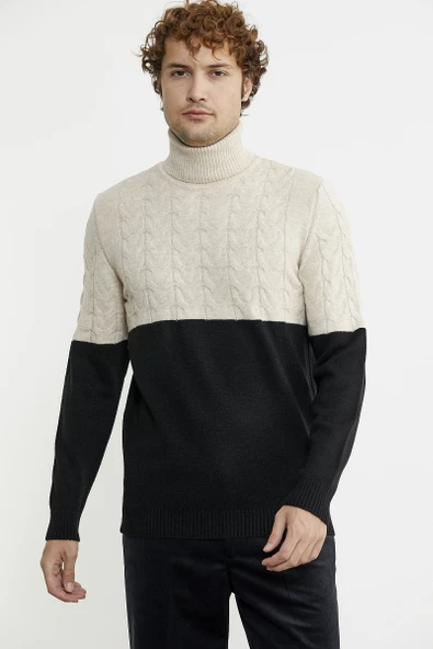 Çift Renk Tam Balıkçı Triko Kazak - Siyah - Resim 4