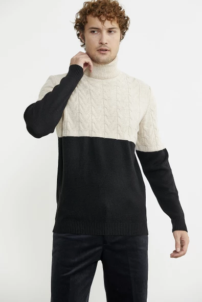 Çift Renk Tam Balıkçı Triko Kazak - Siyah - Resim 3