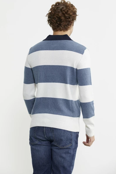 Çizgili Polo Yaka Yünlü Triko Kazak - Mavi - 6