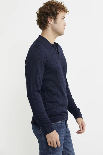 Polo Yaka Fitilli Triko Kazak - Lacivert - 5