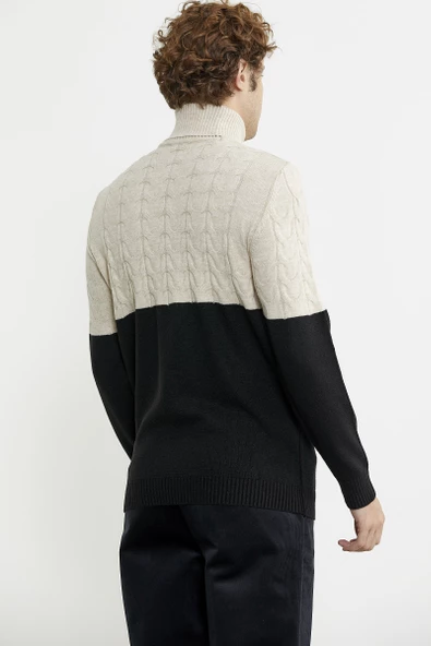 Çift Renk Tam Balıkçı Triko Kazak - Siyah - Resim 6