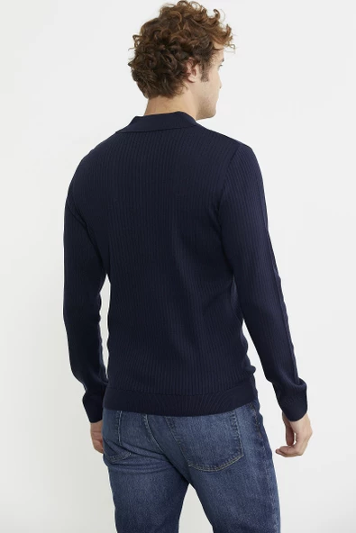 Polo Yaka Fitilli Triko Kazak - Lacivert - 6