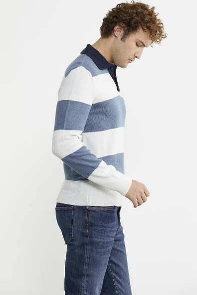 Çizgili Polo Yaka Yünlü Triko Kazak - Mavi - 4