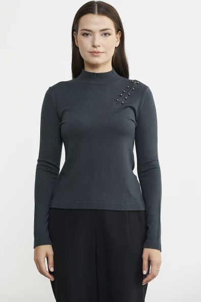 Omuz Aksesuarlı Triko Kazak - Antrasit - Resim 3