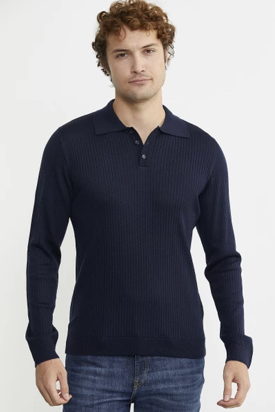 Polo Yaka Fitilli Triko Kazak - Lacivert - 2