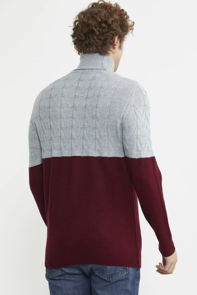 Çift Renk Tam Balıkçı Triko Kazak - Bordo - Resim 6