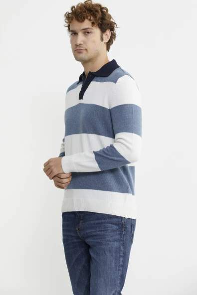 Çizgili Polo Yaka Yünlü Triko Kazak - Mavi - 5