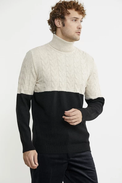 Çift Renk Tam Balıkçı Triko Kazak - Siyah - Resim 5