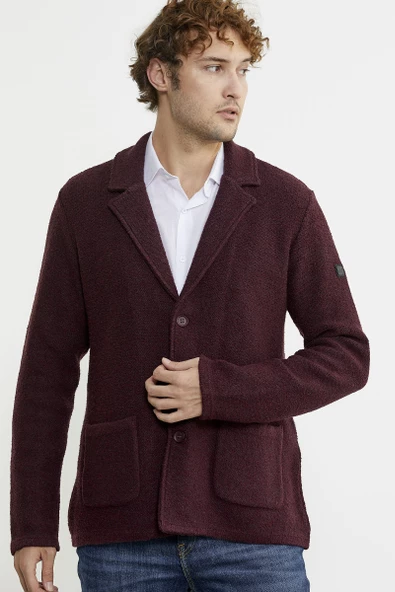 Yünlü Üç Düğme Triko Ceket - Bordo - 3