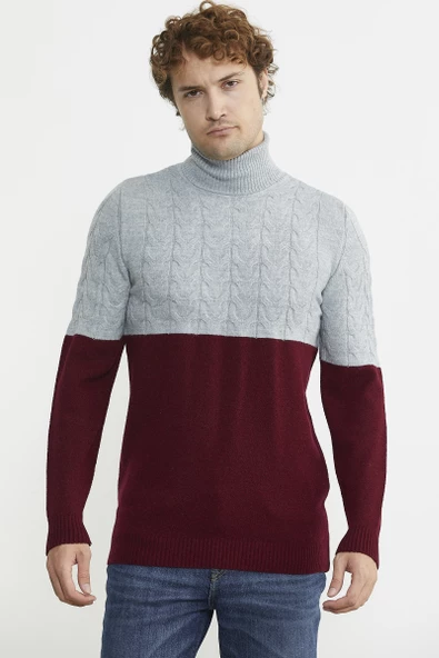 Çift Renk Tam Balıkçı Triko Kazak - Bordo - Resim 2