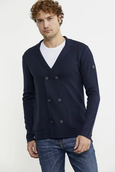 Kruvaze Düğmeli Yünlü Triko Ceket - Lacivert - 2