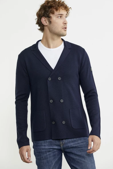 Kruvaze Düğmeli Yünlü Triko Ceket - Lacivert - 3