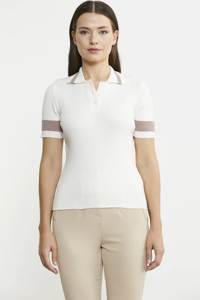 Polo Yaka Düğmeli Kısa Kol Triko Kazak - Kemik ürün görseli