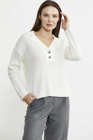 Gömlek Yaka Düğmeli Yünlü Triko Kazak - Kemik - 2