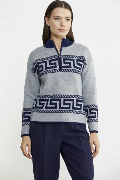 Blok Desenli Dik Yaka Triko Kazak - Gri - Resim 3