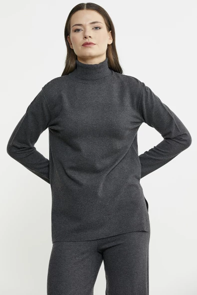 Tam Balıkçı Yaka Kazak Pantolon Triko Takım - Antrasit - 5