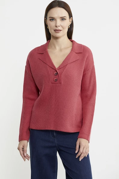 Gömlek Yaka Düğmeli Yünlü Triko Kazak - Mercan - 2