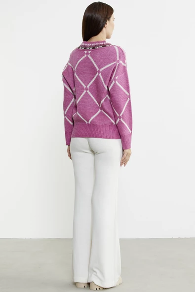 Jakarlı Çok Desenli Yünlü Triko Kazak - Gül - Resim 4