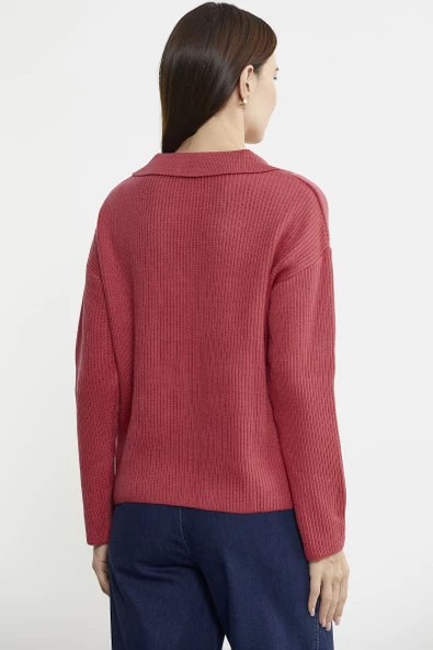 Gömlek Yaka Düğmeli Yünlü Triko Kazak - Mercan - 6